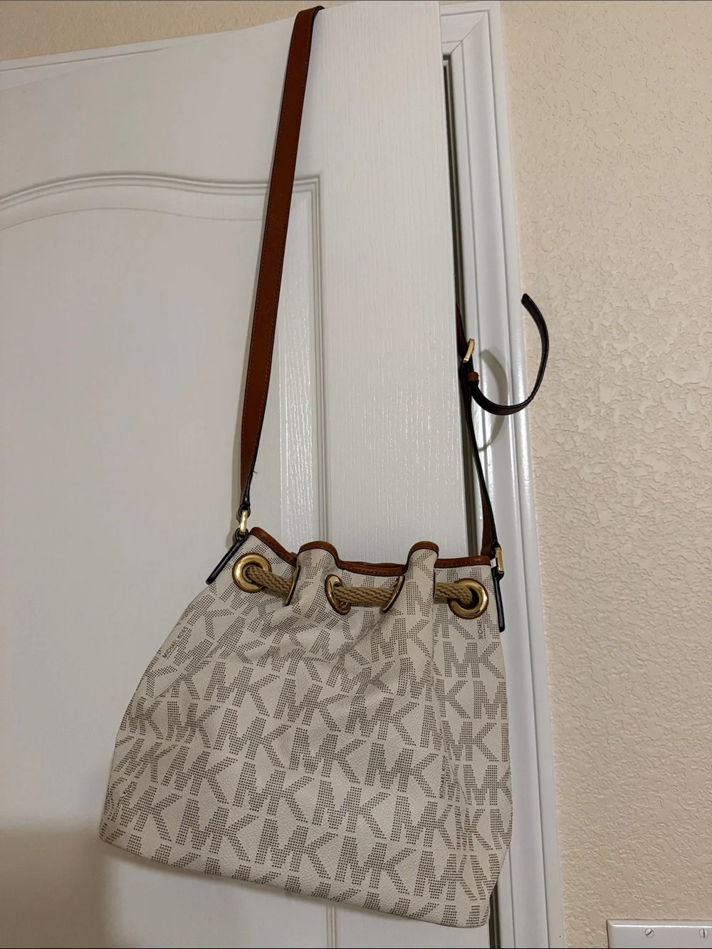 Michael Kors Vanilla MK Logo Crossbody with Brown Leather Trim